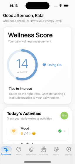 Wellness Score Dashboard - Mind Well Mental Health App Feature Screenshot for Wellness Score Dashboard