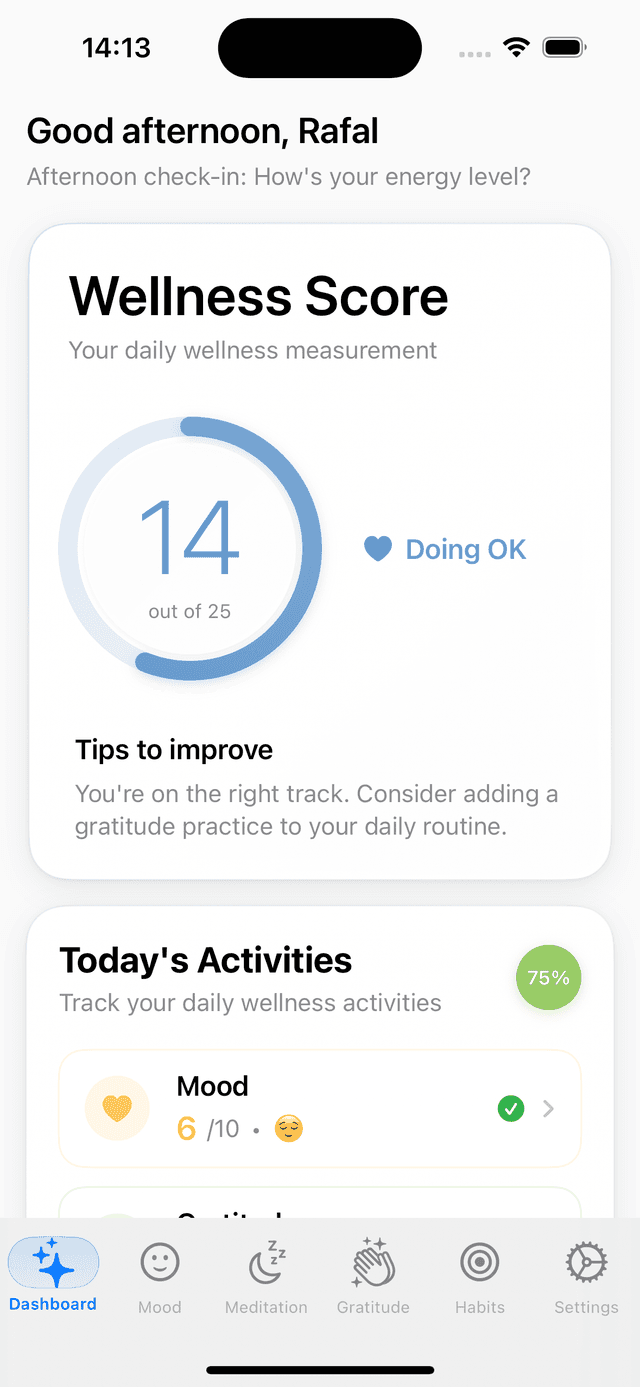 Mind Well App - Wellness Score Dashboard