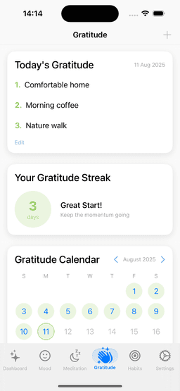 Gratitude Practice - Mind Well Mental Health App Feature Screenshot for Gratitude Journal Practice