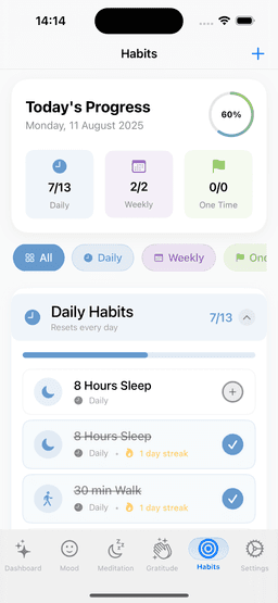 Smart Habit Building - Mind Well Mental Health App Feature Screenshot for Habit Building Tracker